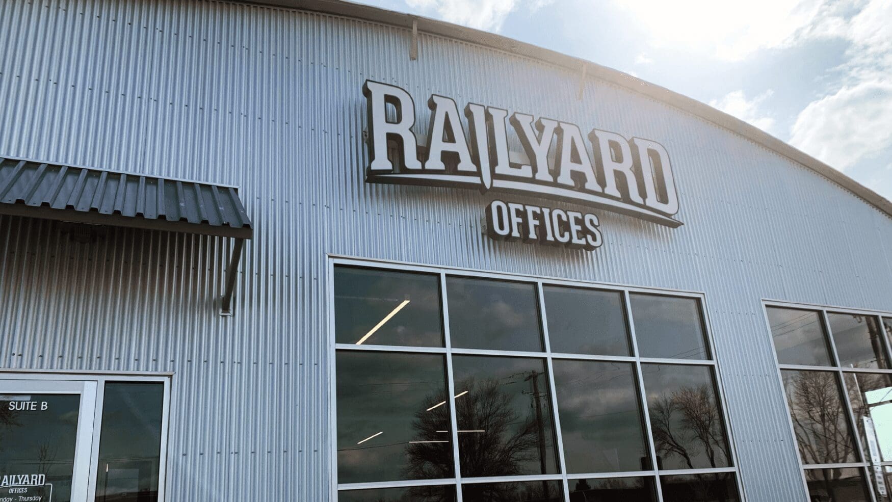 Railyard Offices brand development project by Tellwell in downtown Fargo, featuring the front of the establishment.