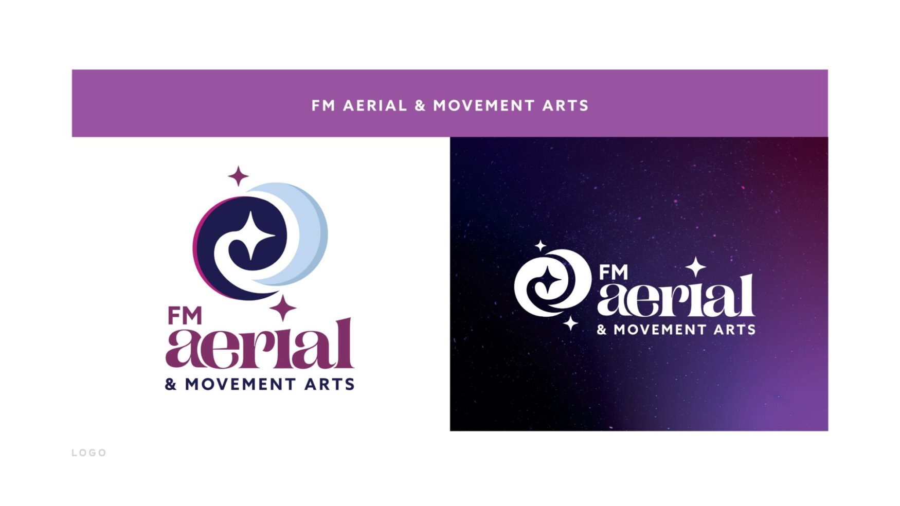 Image displaying the logo for FM Aerial & Movement Arts. The left side shows a colored version of the logo with a circular design incorporating a crescent moon and stars in shades of purple and blue, accompanied by the text 'FM aerial & movement arts'. The right side shows the same logo in white on a gradient background transitioning from deep purple to blue, resembling a night sky with stars. Above the logos, a purple banner contains the text 'FM Aerial & Movement Arts' in white.