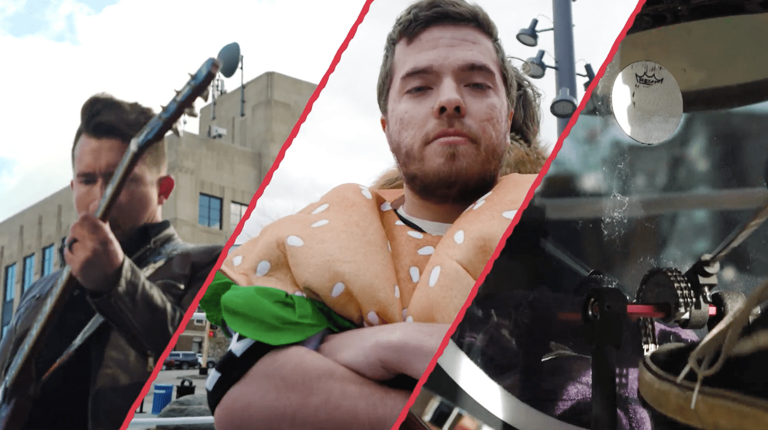 A triptych image divided by red diagonal lines features three distinct scenes. On the left, a man with short dark hair plays an electric guitar intensely, with a city building in the background. The middle section shows a bearded man with a serious expression, wearing a large hamburger costume complete with lettuce and sesame seed bun. On the right, a close-up captures a foot pressing down on a bass drum pedal, the drum head bearing visible marks from use. The overall composition suggests a playful and diverse urban street performance.