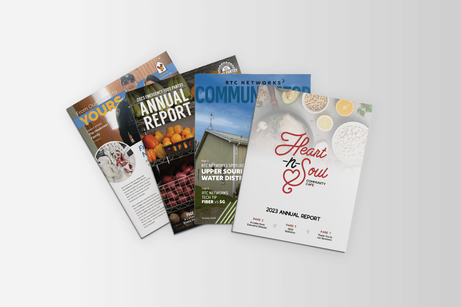 A display of four different annual reports, arranged in a fanned-out manner against a gradient gray background. The covers include various designs, such as a report titled 'Heart-n-Soul Community Café 2023 Annual Report' featuring images of food ingredients, and another titled '2023 Emergency Food Pantry Annual Report' with a photo of fresh produce. The other reports include one from RTC Networks and another with a cover showing a child in a winter coat. The reports are visually diverse, showcasing different design styles and themes.