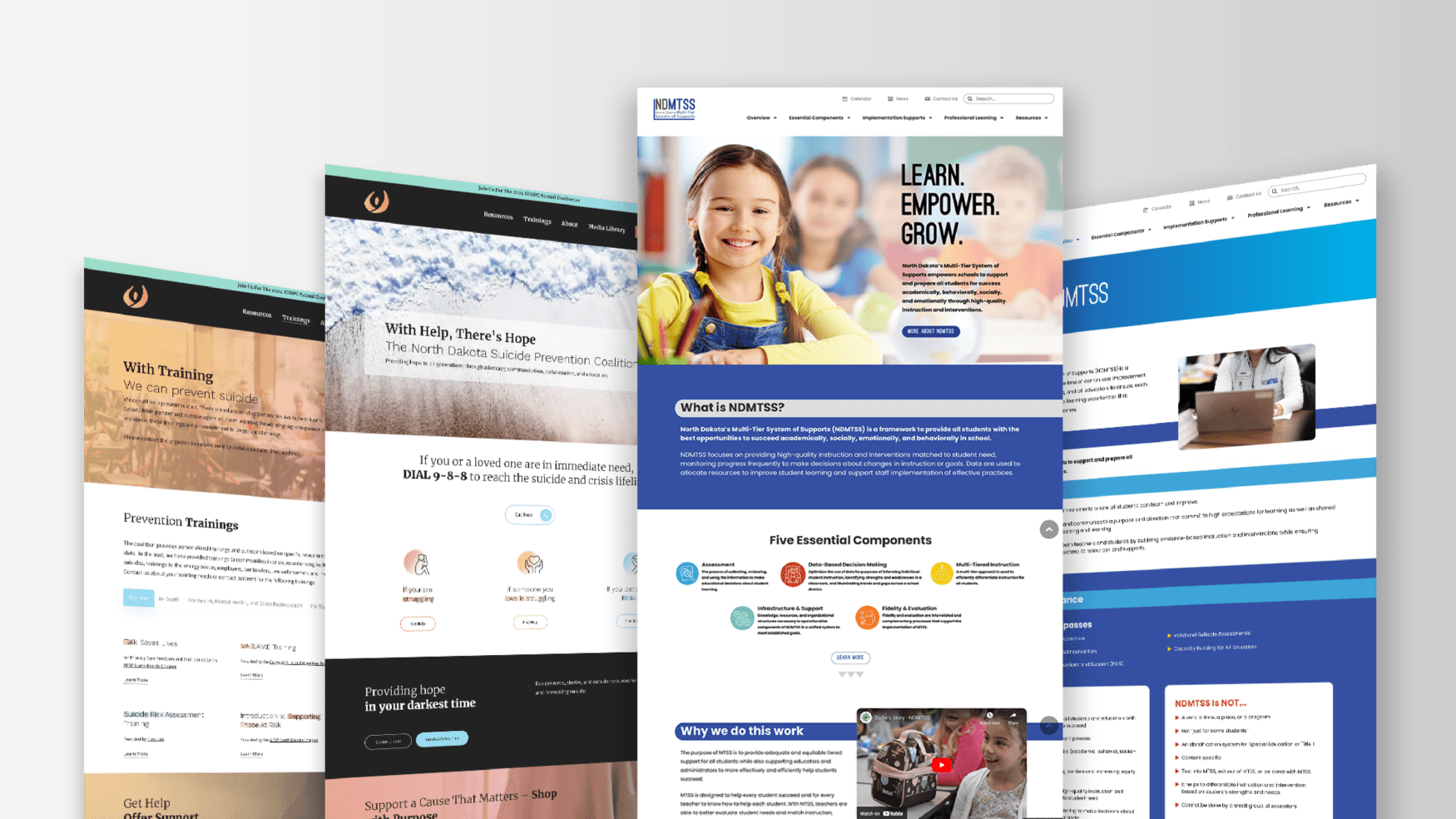 An image displaying several website page mockups. The designs feature sections for the North Dakota Suicide Prevention Coalition and NDMTPSS (North Dakota Multi-Tier System of Supports). The mockups highlight information on suicide prevention training, crisis support, and educational resources aimed at helping students succeed academically, socially, and emotionally. The pages showcase clean, modern layouts with clear calls to action and organized content blocks.