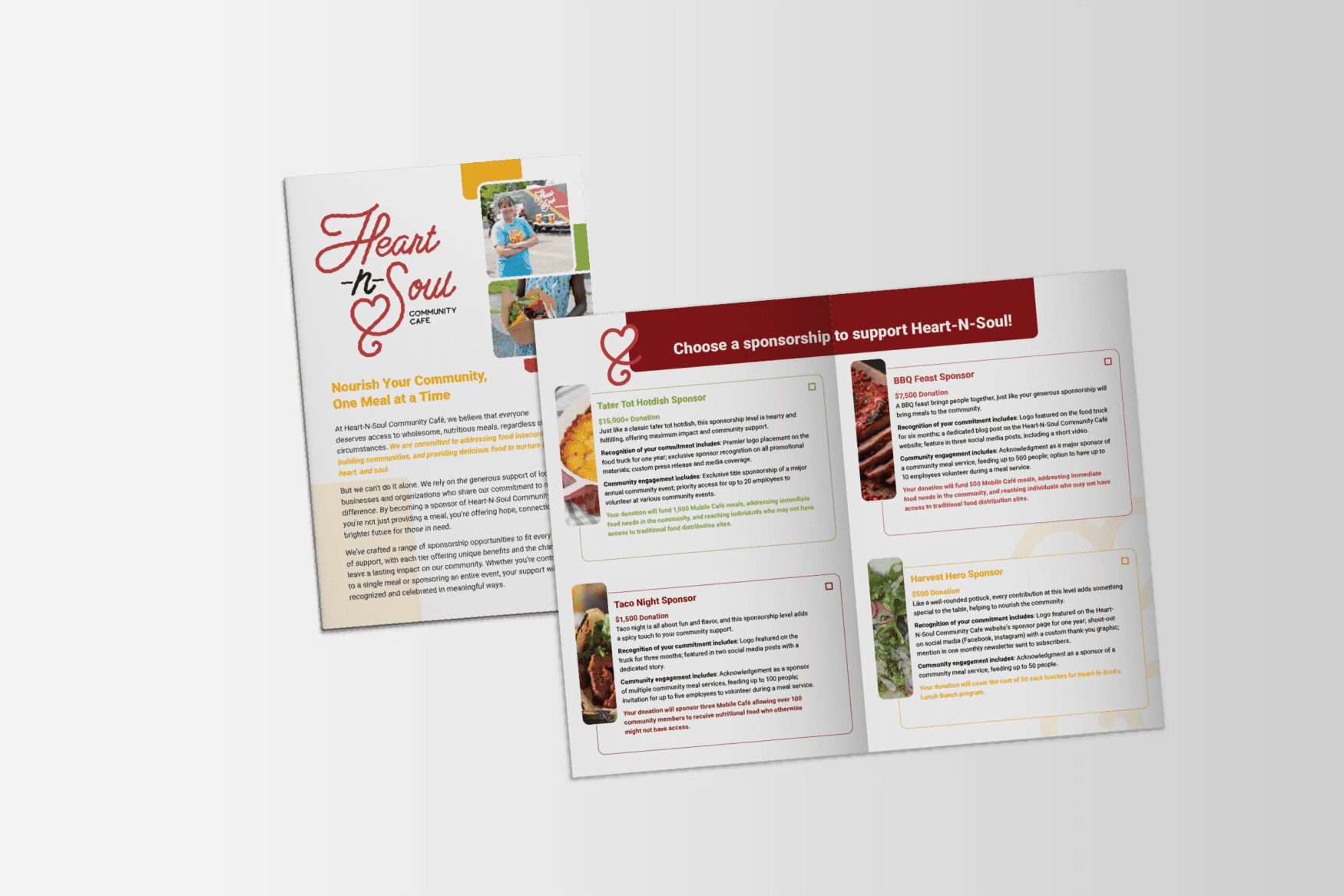 An image showing a brochure design for Heart-N-Soul Community Café. The front cover features the café's logo with the tagline 'Nourish Your Community, One Meal at a Time,' along with photos of people enjoying meals. The interior of the brochure lists various sponsorship options, including 'Tater Tot Hotdish Sponsor,' 'BBQ Feast Sponsor,' 'Taco Night Sponsor,' and 'Harvest Hero Sponsor,' each with descriptions and donation amounts to support the community café.