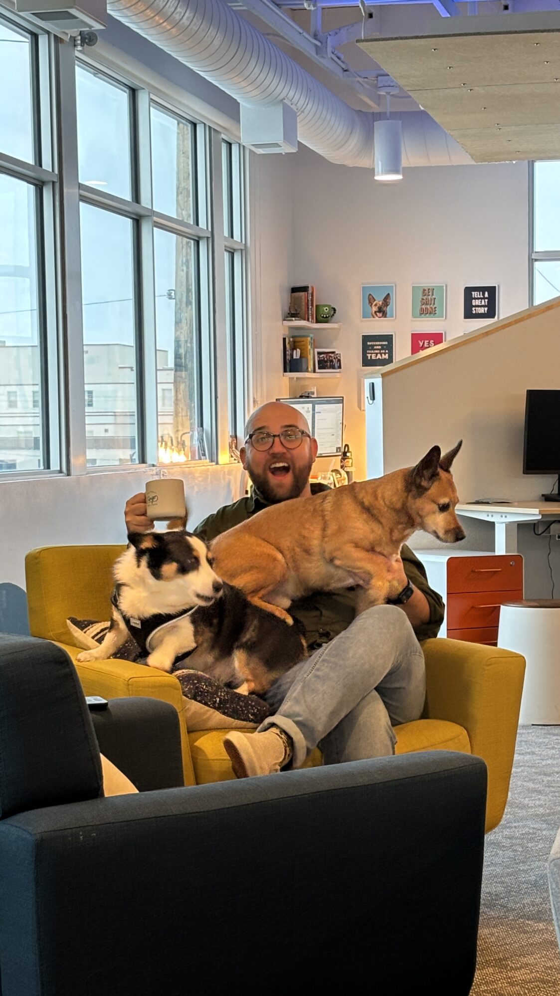A man with a happy expression sits on a yellow chair with two dogs on his lap. The man is wearing glasses and holding a mug.