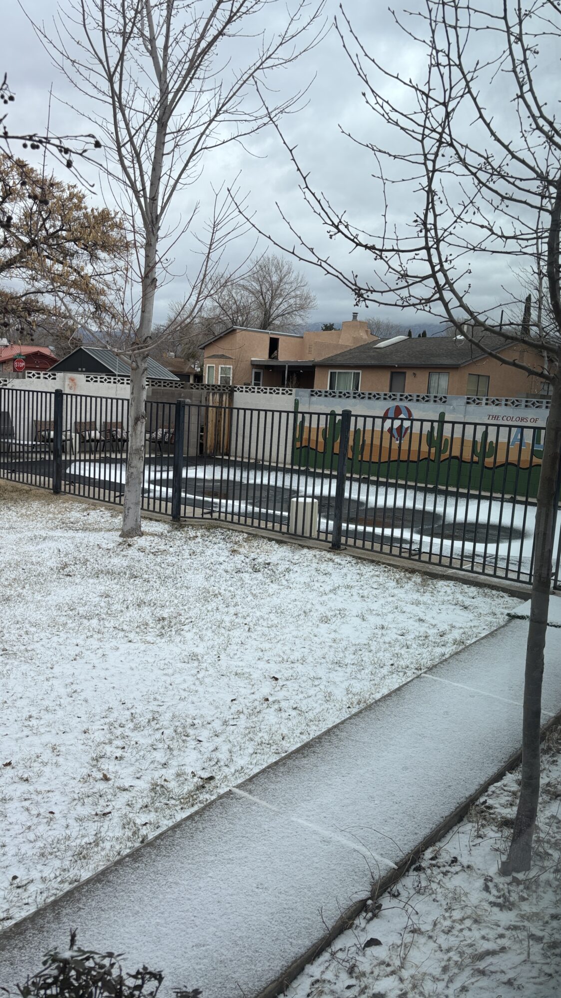 This image captures a winter scene with a light dusting of snow covering the grass and a sidewalk. A black metal fence encloses an outdoor area, possibly a pool or recreational space, with a mural on the wall behind it. The mural features desert imagery, including cacti, and a circular emblem. In the background, there are beige stucco houses with flat roofs, and the sky is overcast with gray clouds. Leafless trees with thin branches frame the image, adding to the wintery atmosphere.