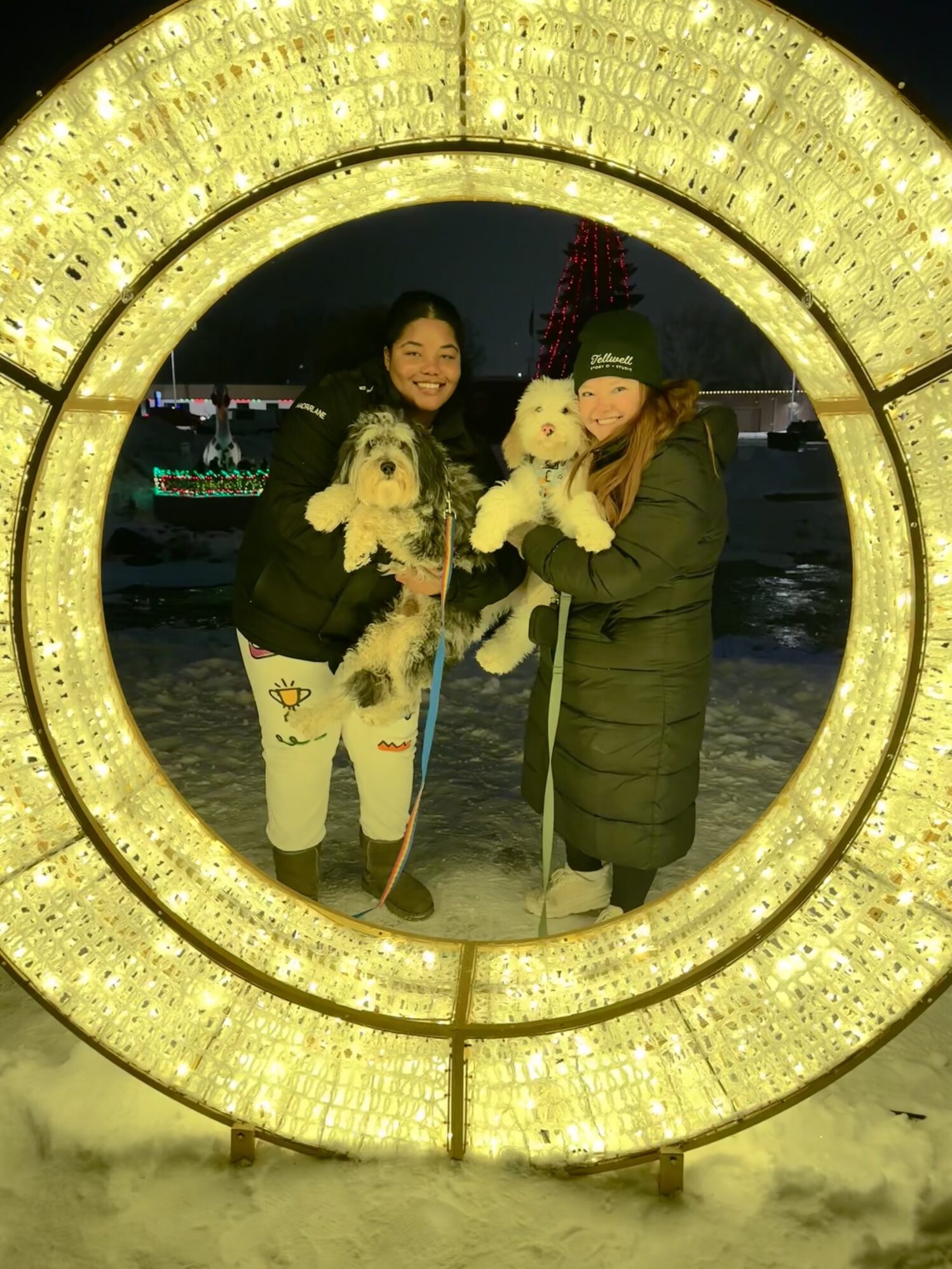 Two smiling individuals pose in a glowing circular light sculpture on a snowy evening. Each person is holding a fluffy dog, one black-and-white and the other white. The scene is festive, with colorful holiday lights and a lit Christmas tree visible in the background. Both are dressed warmly in winter attire, and the atmosphere feels joyful and cozy.
