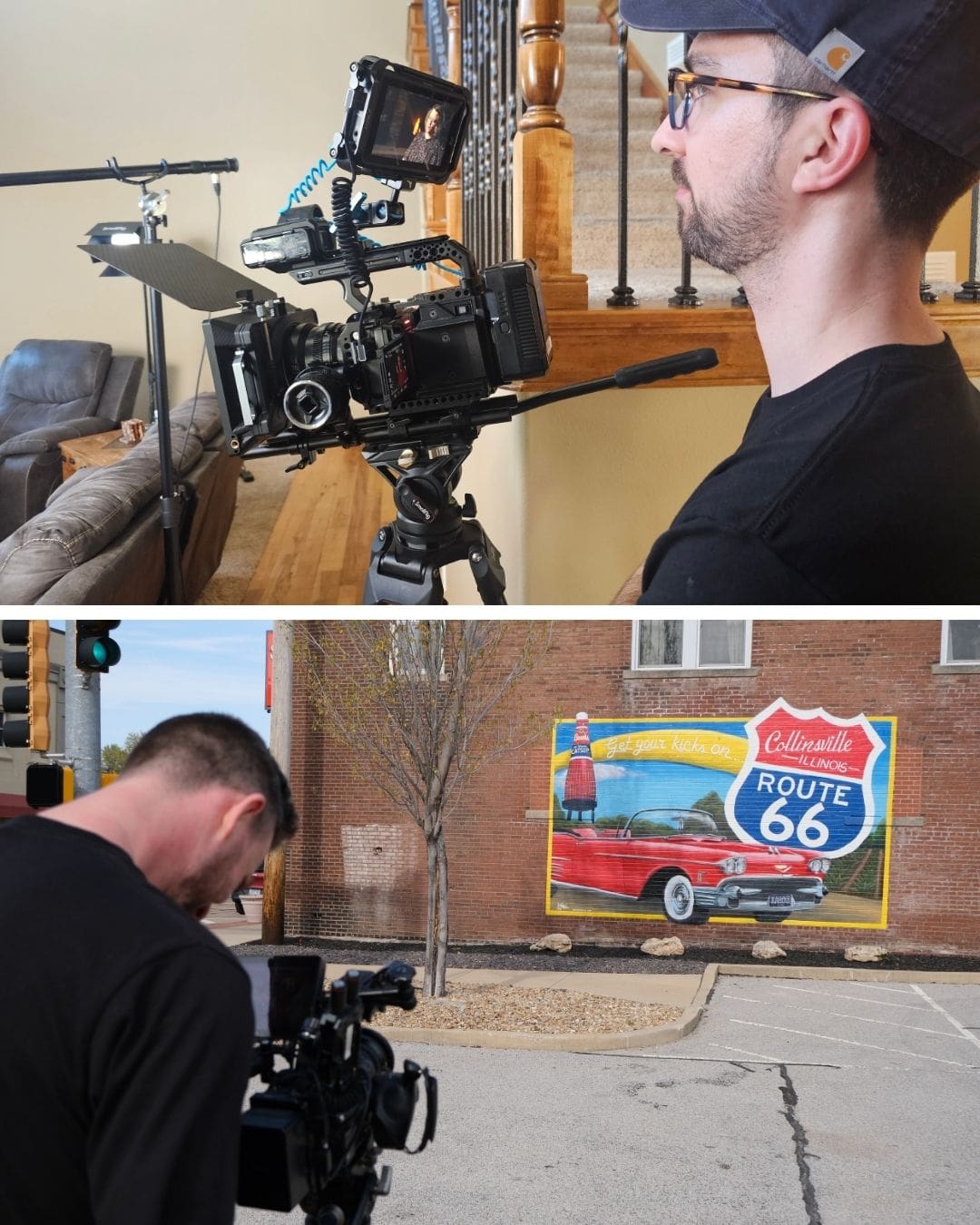 Two photos of a videographer filming with a professional camera rig. In the top photo, the videographer is indoors, capturing an interview setup with a woman speaking on camera in a cozy living room. In the bottom photo, the same videographer films a colorful mural on a brick building that says "Collinsville, Illinois, Route 66" with a red classic car and a bottle-shaped structure.