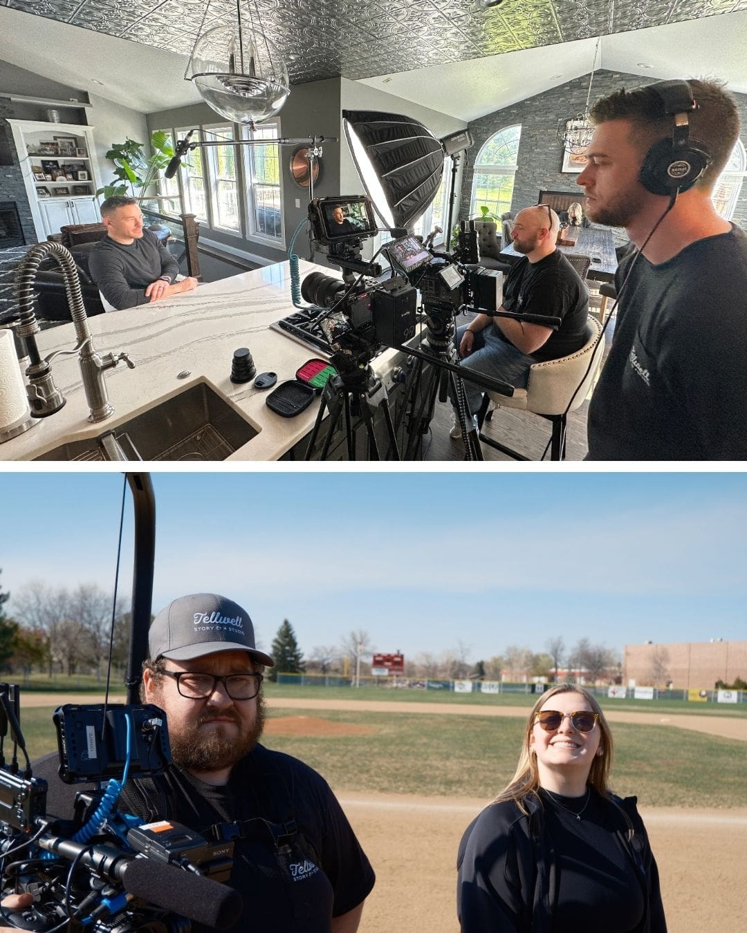 Two behind-the-scenes photos of a video production team at work. In the top photo, a professional interview is being filmed in a modern kitchen, with cameras, lighting, and boom mics pointed at a man seated at a counter. Two crew members monitor the shoot, one wearing headphones. In the bottom photo, two team members are standing on a baseball field—one holding a camera rig, wearing a Tellwell shirt and hat, and the other smiling at the camera with sunglasses on.