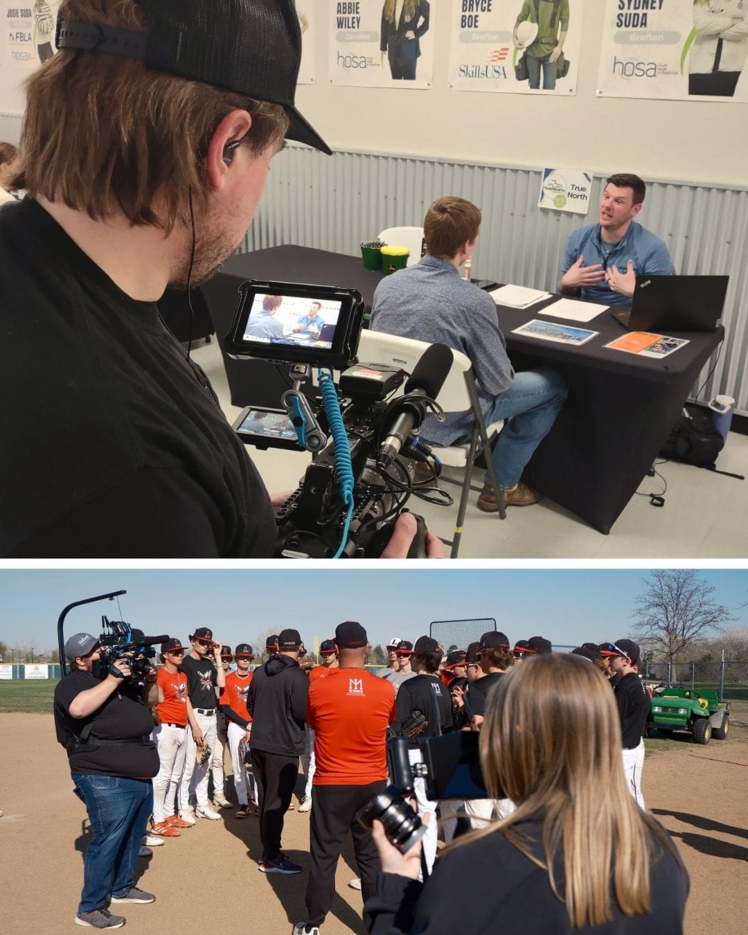 Two behind-the-scenes photos from a video shoot. In the top image, a videographer films a job fair interaction where a man behind a table is speaking animatedly with a student. The camera monitor displays the shot being captured. In the bottom image, a film crew is on a baseball field capturing footage of a team huddle. One videographer holds a shoulder rig while another team member stands nearby with a DSLR camera, focused on the group of uniformed players.