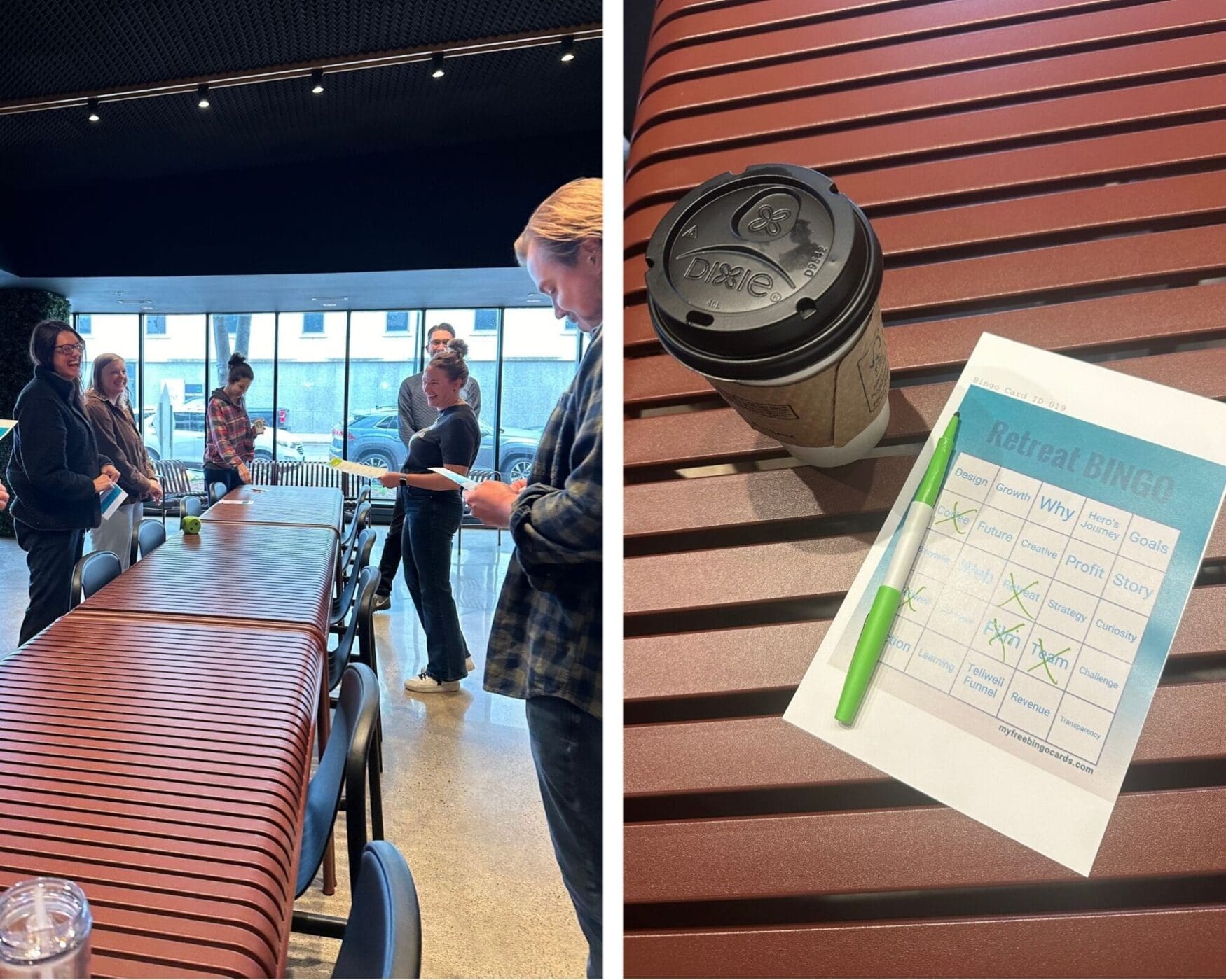Two side-by-side images capture moments from a company retreat. The left image shows a group of people standing and smiling around a long conference table in a modern room with floor-to-ceiling windows. They hold papers and appear to be engaged in a light-hearted icebreaker activity. The right image shows a close-up of a table with a paper titled "Retreat BINGO," a green pen, and a disposable coffee cup. Several squares on the bingo card are marked with Xs, including words like “Why,” “Goals,” “Team,” and “Profit Story.”