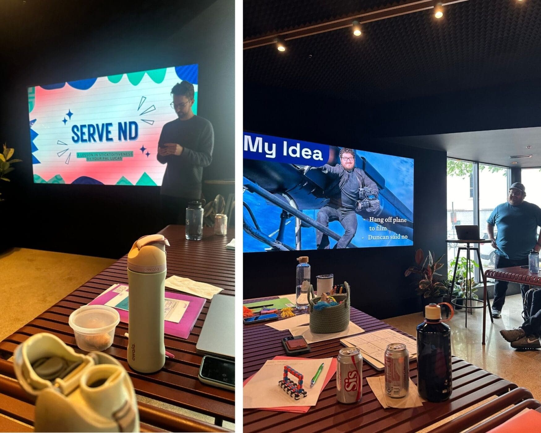 Two images show team members presenting ideas during a company retreat. The left image features a person standing next to a large screen displaying a colorful slide titled “SERVE ND: A Lesson in Sticktoitiveness by Your Pal Lucas.” A conference table in the foreground is scattered with notebooks, water bottles, snacks, and a phone. The right image shows another person standing near a screen with a humorous slide titled “My Idea,” featuring a photo of a man strapped to a plane wing with a camera. The caption reads, “Hang off plane to film – Duncan said no.” The table in the foreground is covered with drinks, papers, and a small toy structure.