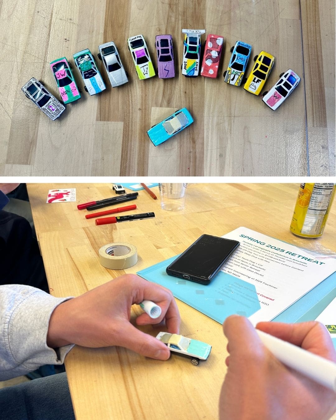 Two stacked images show a creative team-building activity involving decorating toy cars. The top image displays a row of small, hand-decorated toy cars lined up on a wooden table, each uniquely painted with names and colorful designs. One undecorated car is positioned separately in front. The bottom image shows a person’s hands decorating a toy car with a white marker. On the table are markers, tape, a smartphone, and a printed agenda titled "Spring 2025 Retreat," listing events like team updates, a guest speaker, and a Pinewood Derby race.