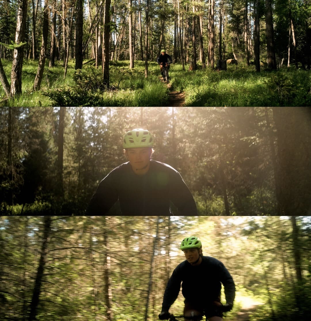 A sequence of three images shows a person mountain biking through a lush, sunlit forest. In the top image, the cyclist rides down a narrow dirt trail surrounded by tall pine trees and green undergrowth. In the middle image, a close-up shows the cyclist’s focused expression, wearing a bright green helmet as sunlight filters through the trees. In the bottom image, the cyclist moves quickly through the forest, creating a sense of motion with blurred trees in the background.