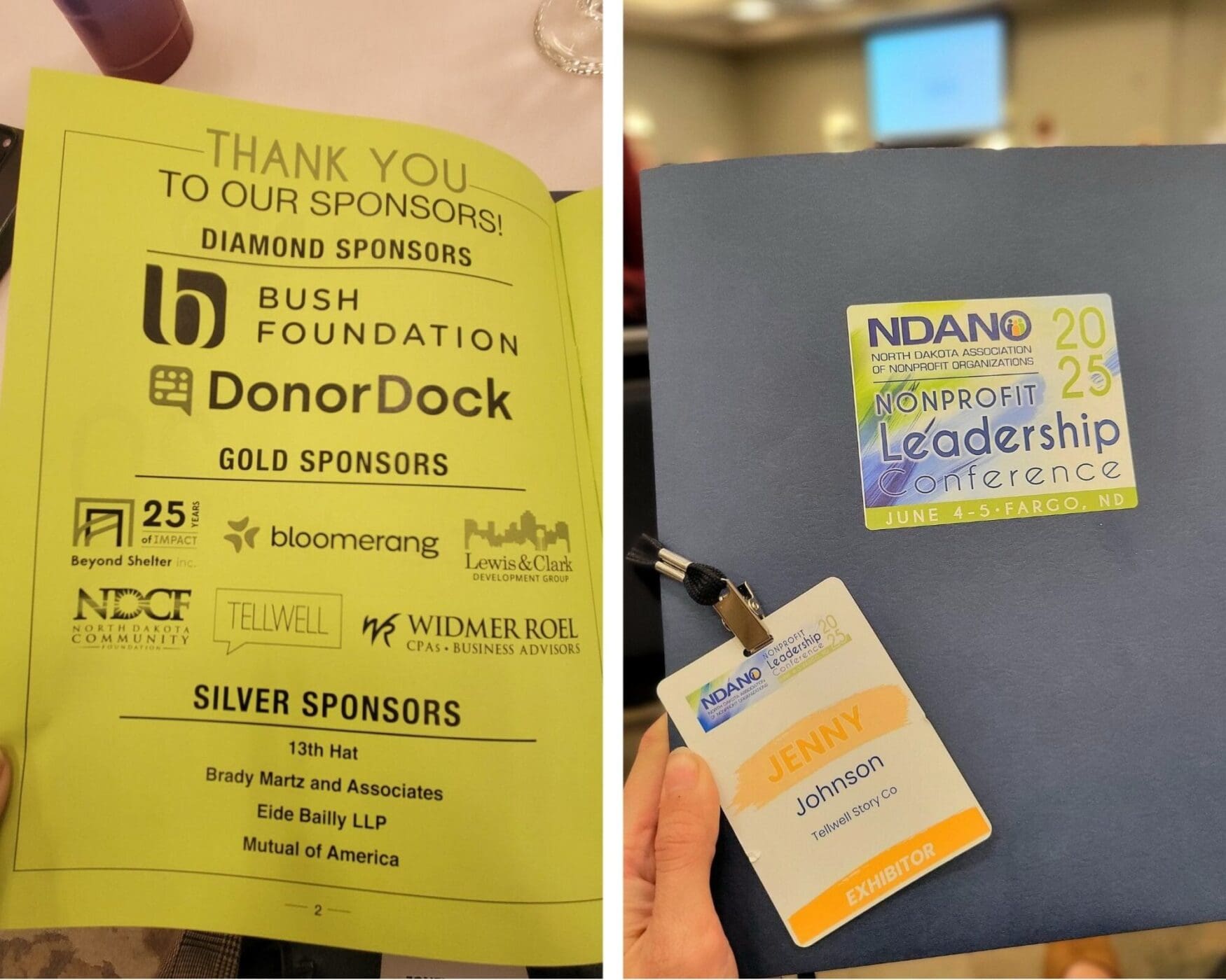 Left photo: A light green paper showcasing the sponsors of an event. There are Diamond, Gold, and Silver sponsors.