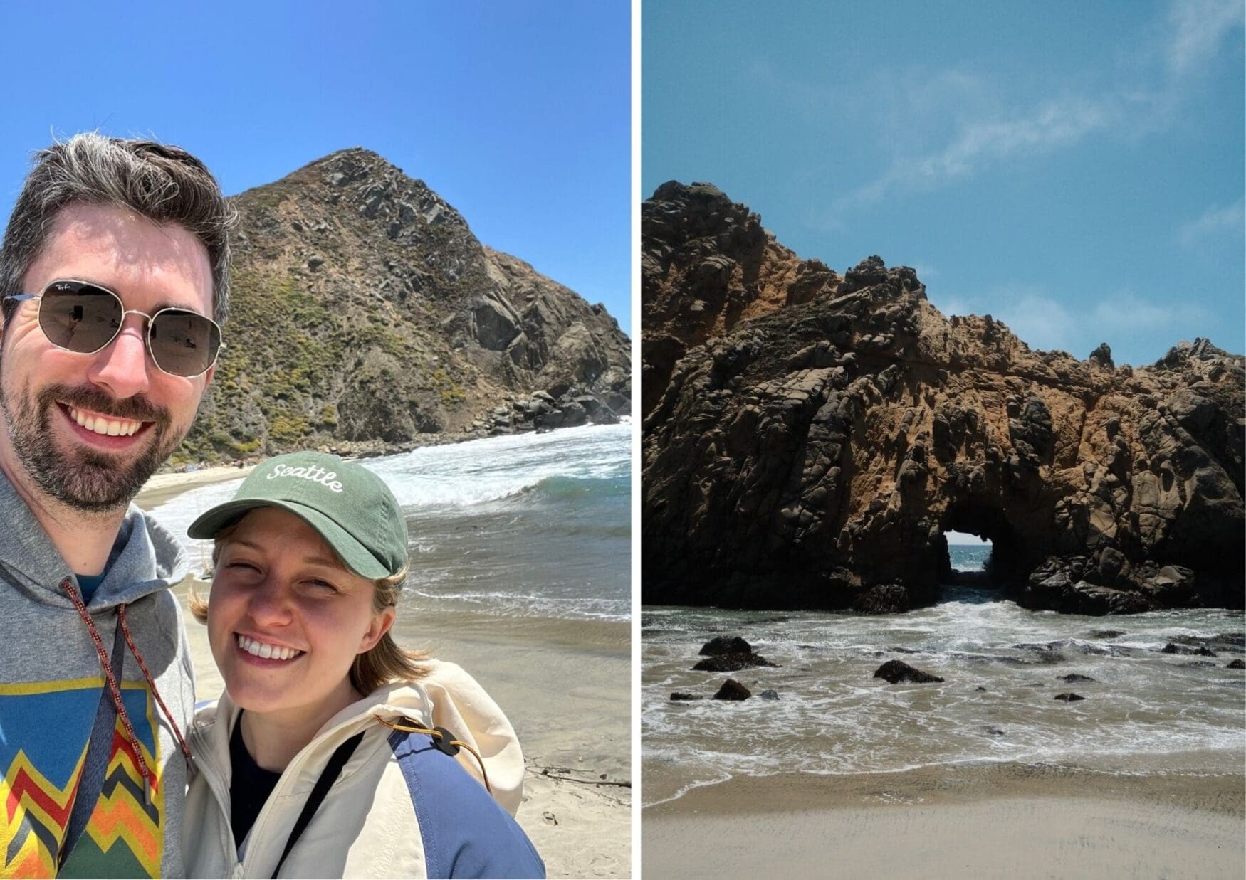A two-photo collage of a beach visit. The left photo shows a smiling couple standing on a sandy beach with ocean waves and a tall, rocky hill in the background. The man wears sunglasses and a hoodie; the woman wears a green "Seattle" baseball cap and a windbreaker. The right photo shows a dramatic rock formation with a natural arch through its base, where ocean waves crash through to the other side, under a partly cloudy blue sky.