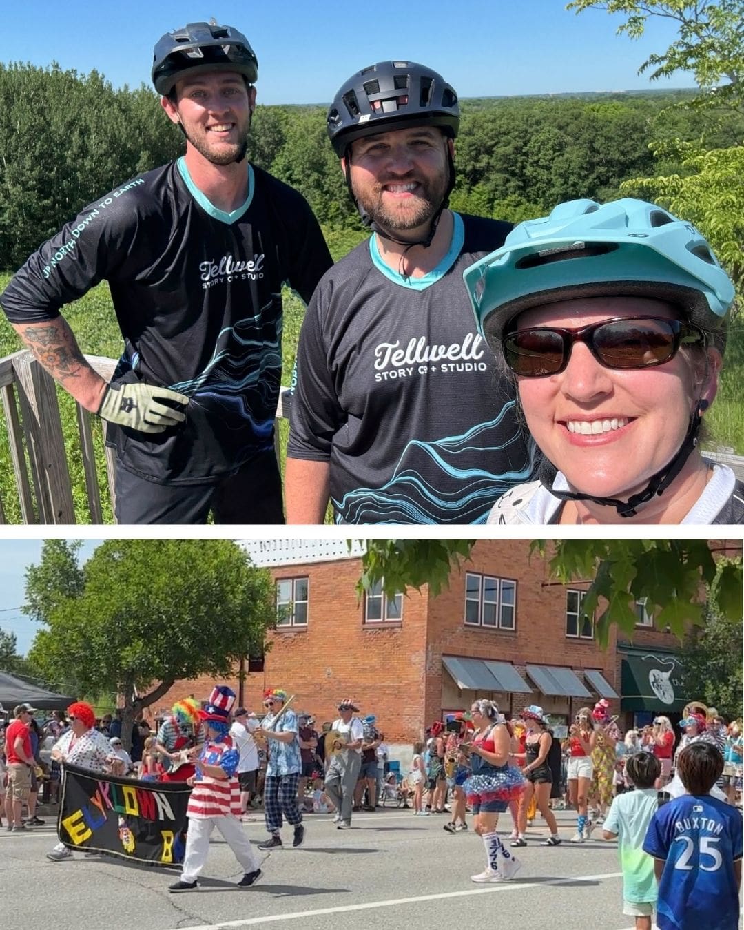 A two-photo collage. The top photo shows three adults in bike helmets smiling at the camera with a lush, green forested area in the background. Two men wear matching black and teal Tellwell Story Co. + Studio biking jerseys, and the woman wears sunglasses and a light blue helmet. The bottom photo shows a lively street parade with people dressed as clowns and in colorful costumes, walking and dancing past a crowd of onlookers. A child in the foreground wears a Buxton #25 baseball jersey.