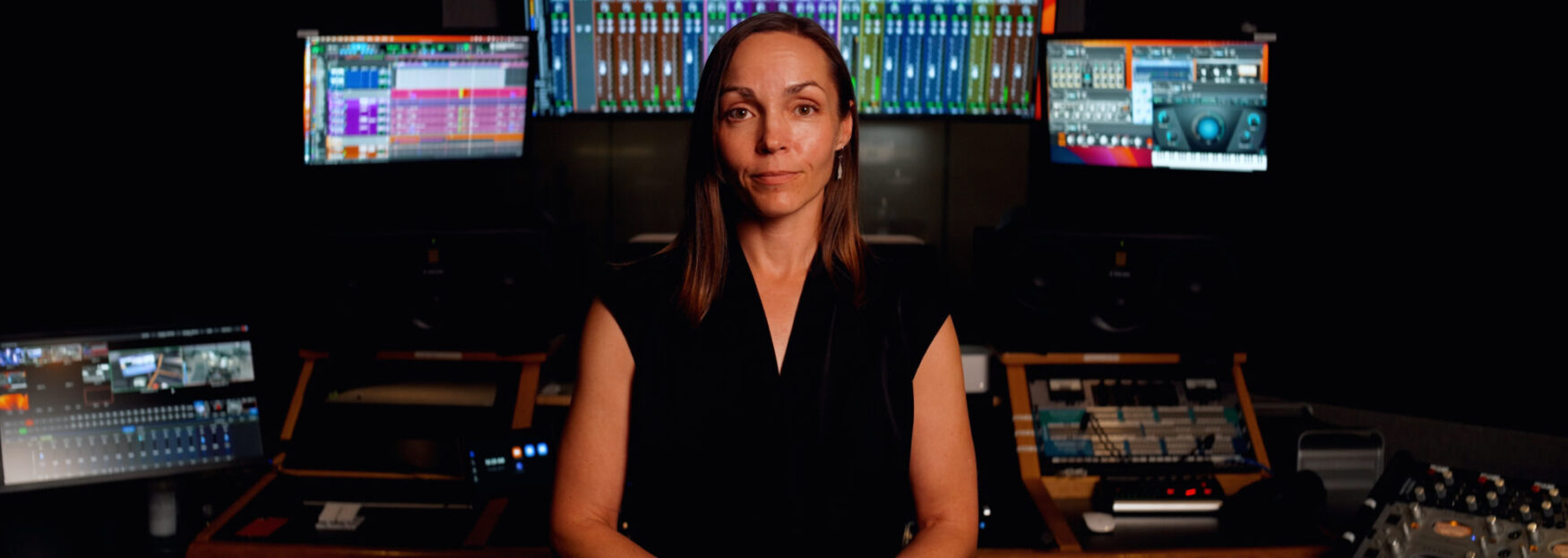 A woman stands in a professional recording studio, framed by multiple brightly lit computer monitors with audio mixing software and sound equipment surrounding her.
