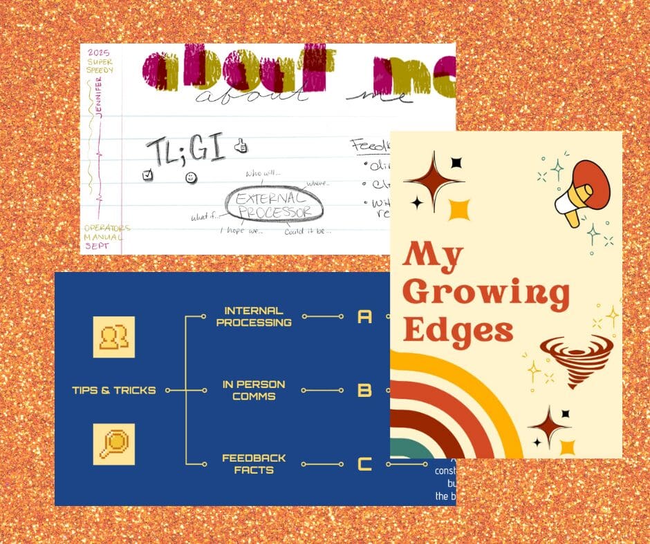 A collection of colorful graphics and notes, including a page with handwritten doodles, a retro-style design titled “My Growing Edges,” and a diagram about communication and feedback.