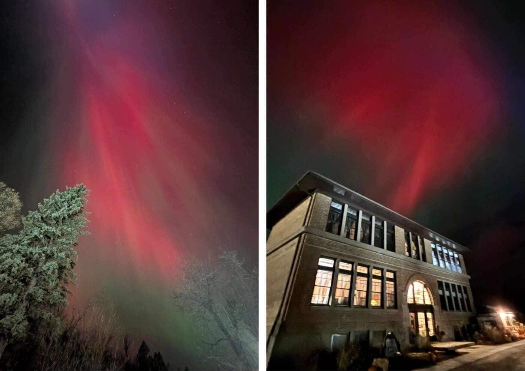 Split image showing vibrant red auroras at night. Left: Auroras illuminate trees with a dramatic glow. Right: Curtains of light over a lit building. Serene, mystical.