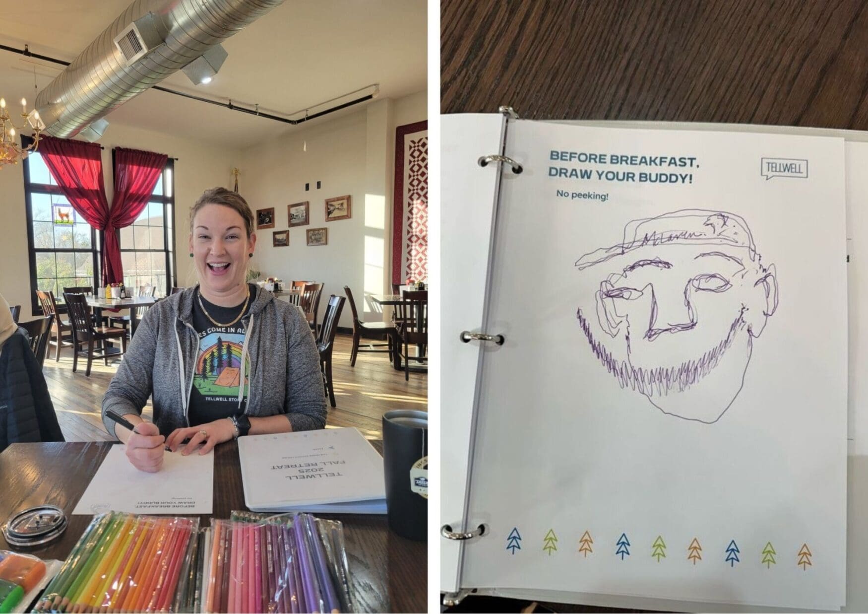 A woman smiling at a restaurant table with a drawing activity sheet and colorful markers. Next to her, a humorous sketch of a face on another page.