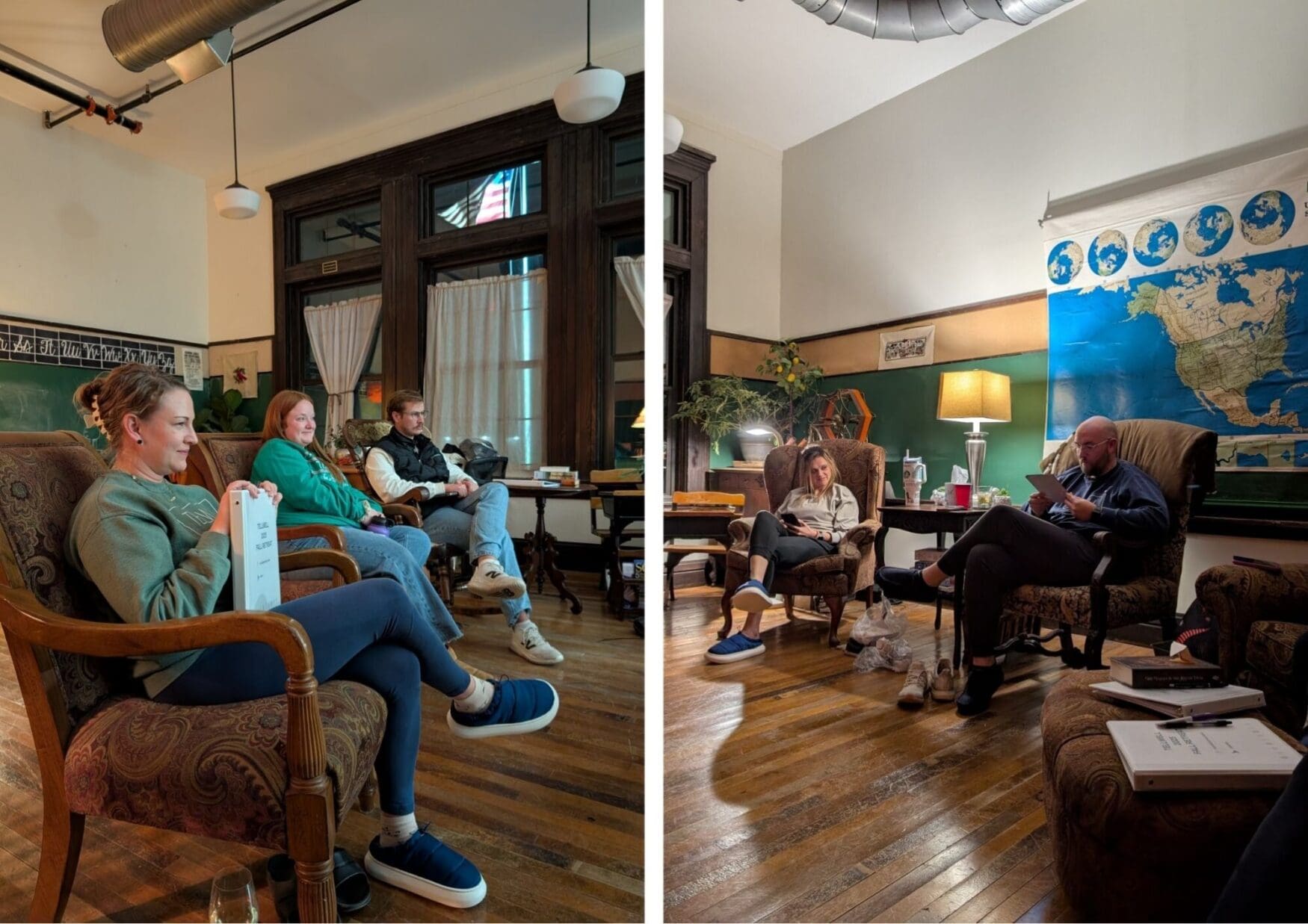 A cozy, vintage-style room with two scenes: On the left, three people sit in armchairs, engaging and relaxed. On the right, two people converse, surrounded by books and warm lighting. Walls feature a chalkboard and a world map, creating an inviting and scholarly ambiance.