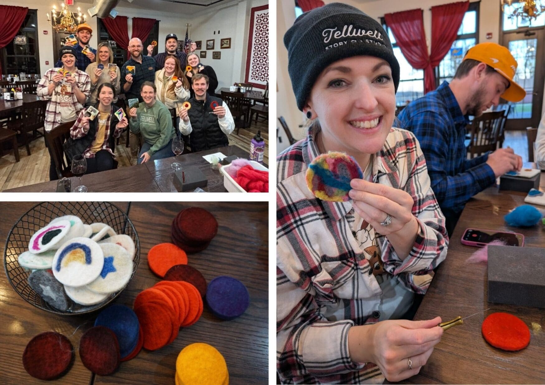 A group of smiling people holding felt crafts in a cozy room; close-ups show colorful felt circles. Warm, creative community vibe.