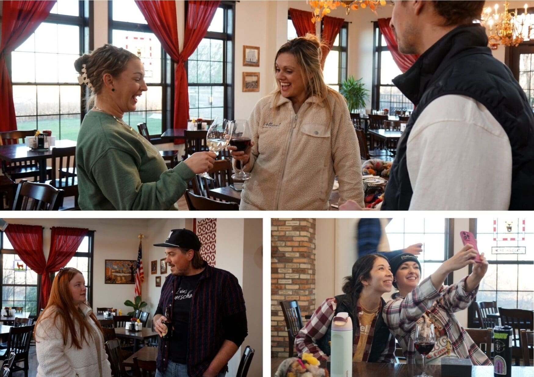 Three images of people enjoying a casual gathering in a restaurant. Top image: two women cheerfully clinking wine glasses. Bottom left: a man and a woman conversing warmly. Bottom right: two women taking a joyful selfie, smiling. The setting is cozy with large windows and red curtains, creating a friendly, inviting atmosphere.