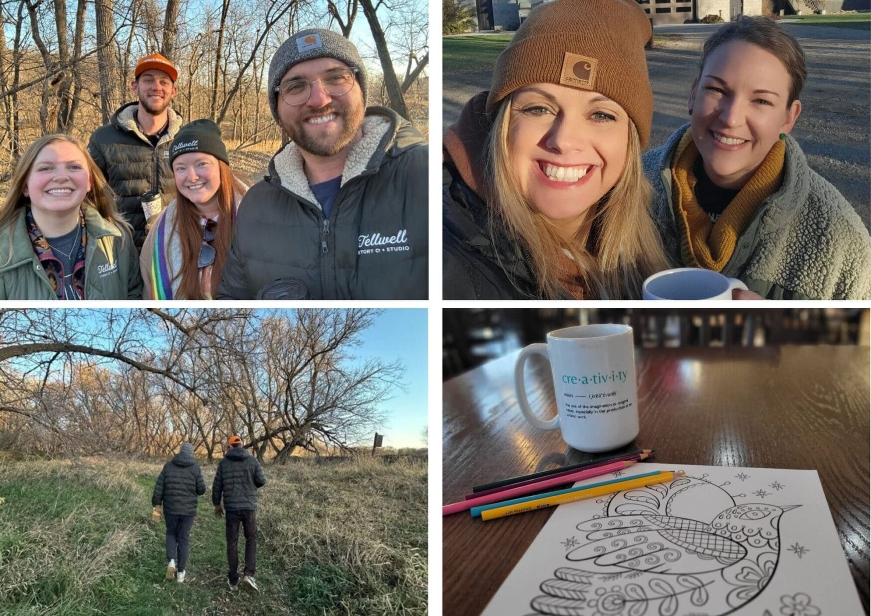 A collage of four images: A group of four smiling people in winter gear outside; two women, one holding a mug; two people walking in a wooded area; and a table with a creativity-themed mug, colored pencils, and a coloring page with a bird design.