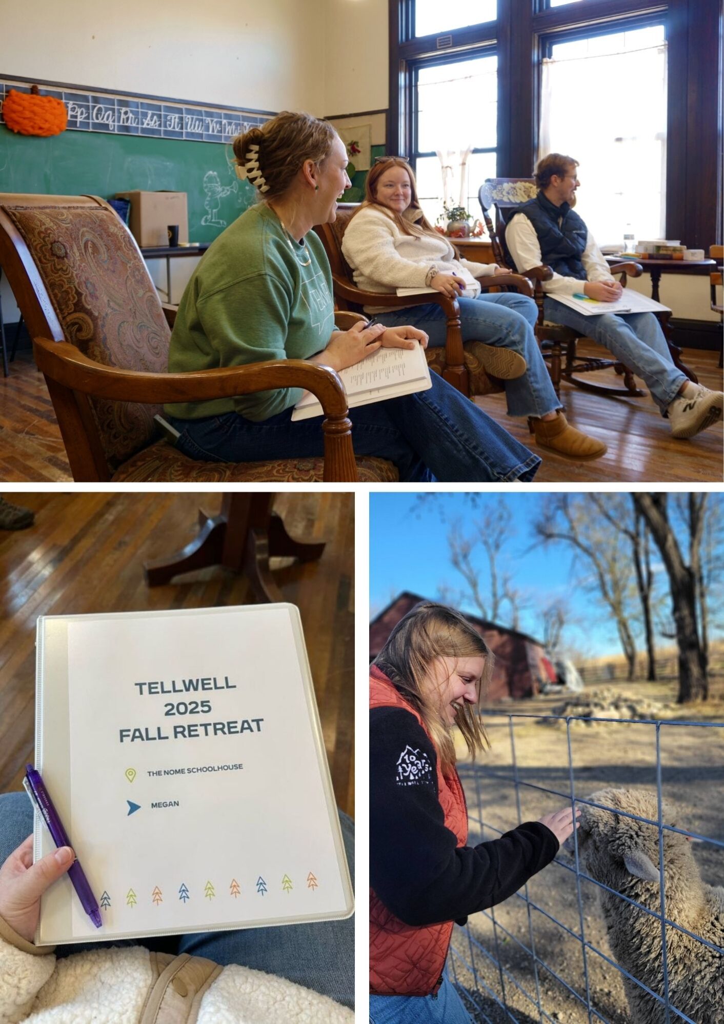 Three scenes from a retreat: people discussing in a cozy room, a printed retreat binder on a lap, and a woman smiling at a sheep by a fence.
