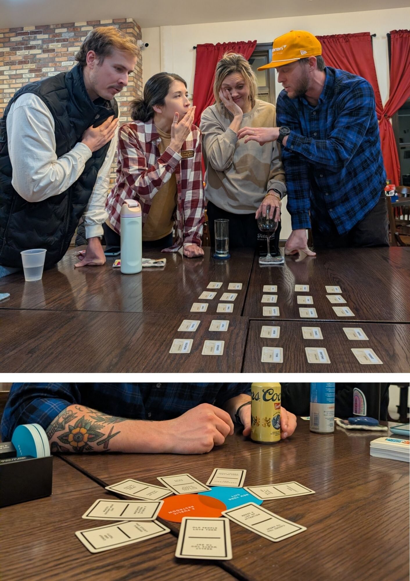 Group of four people intensely strategizing over a table filled with card games. They appear thoughtful and focused. Close-up shows cards and drinks.
